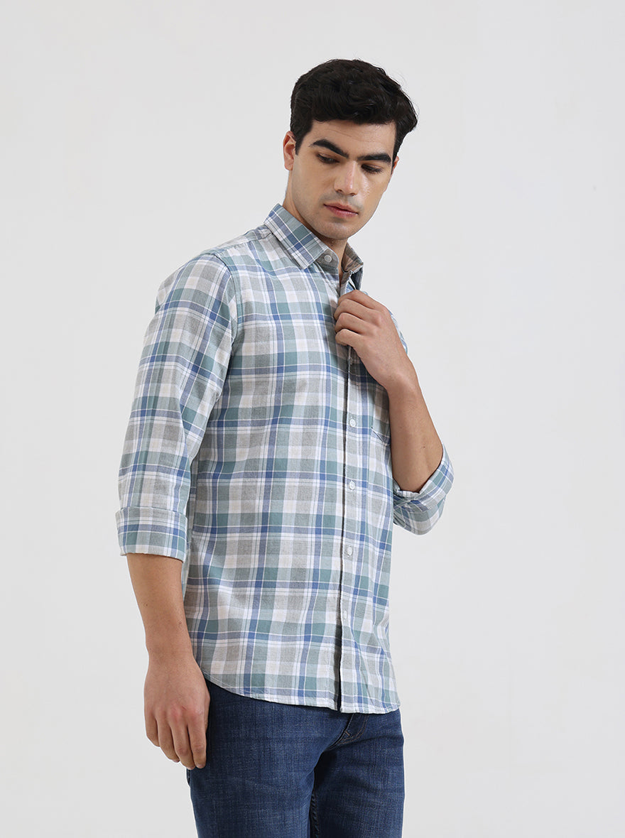 Green Checked Slim Fit Casual Shirt | JadeBlue