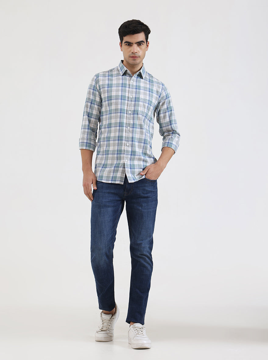 Green Checked Slim Fit Casual Shirt | JadeBlue