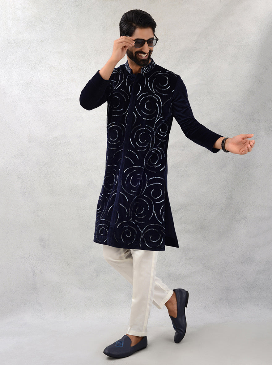 Embroidered Cotton Kurta Pajama in Navy blue