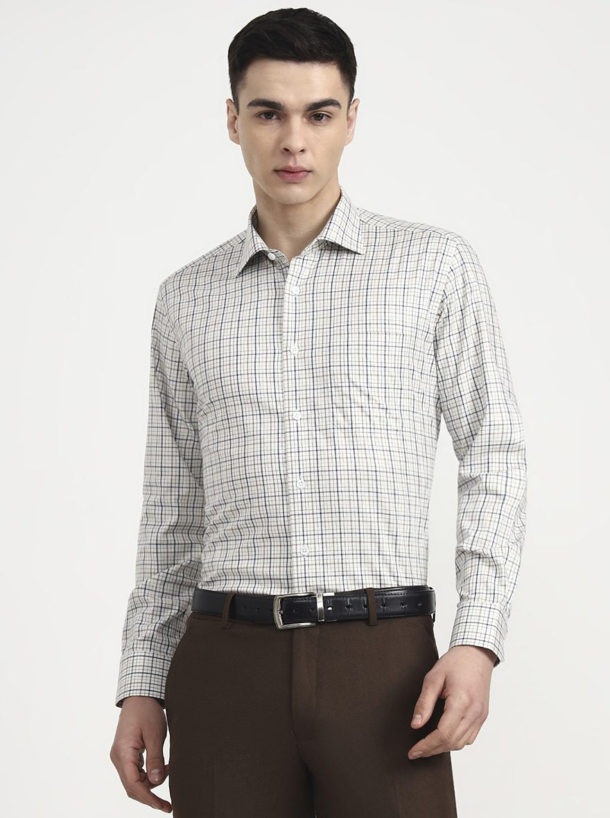 Cream & Blue Checked Slim Fit Formal Shirt | Metal