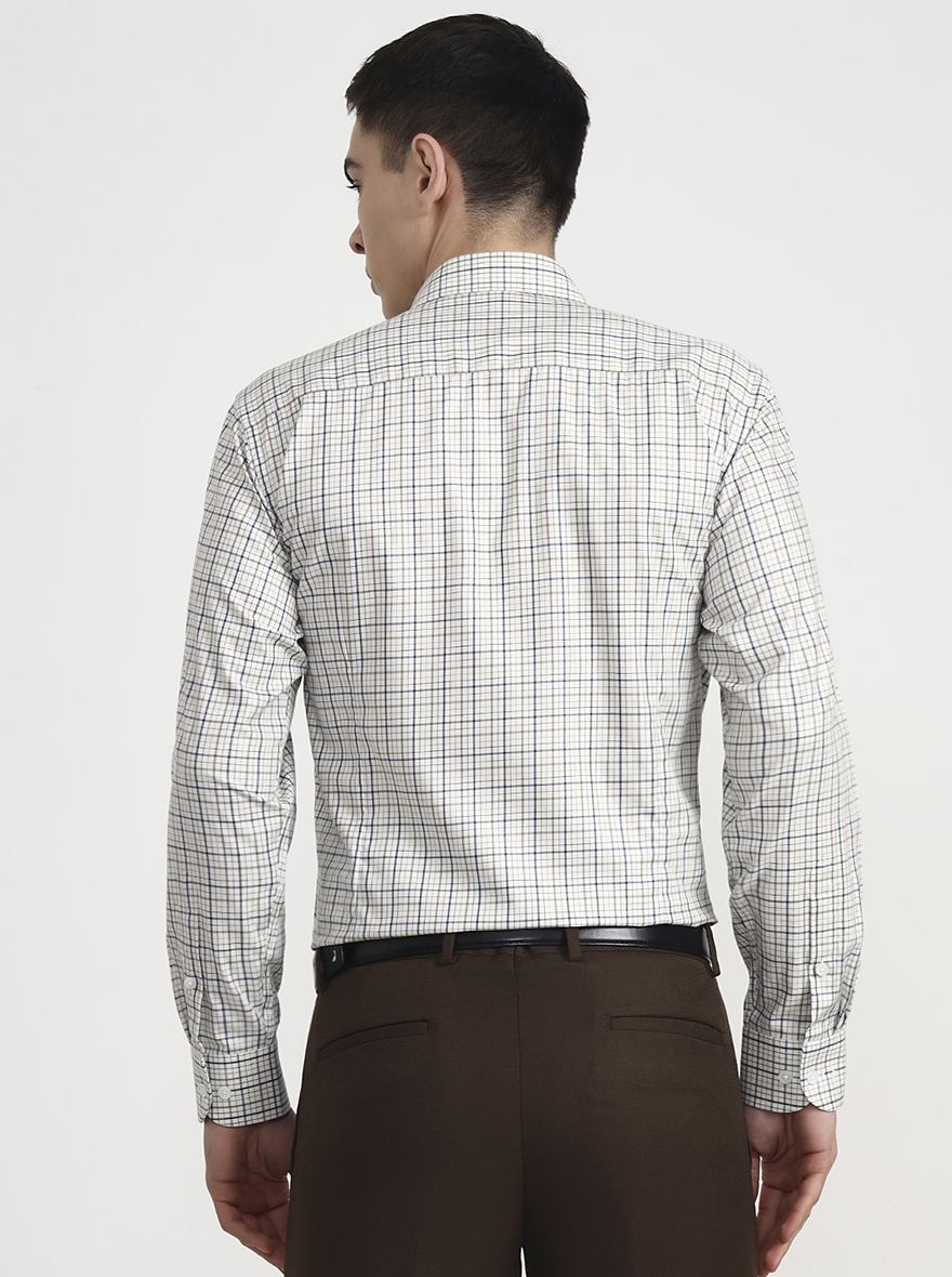 Cream & Blue Checked Slim Fit Formal Shirt | Metal