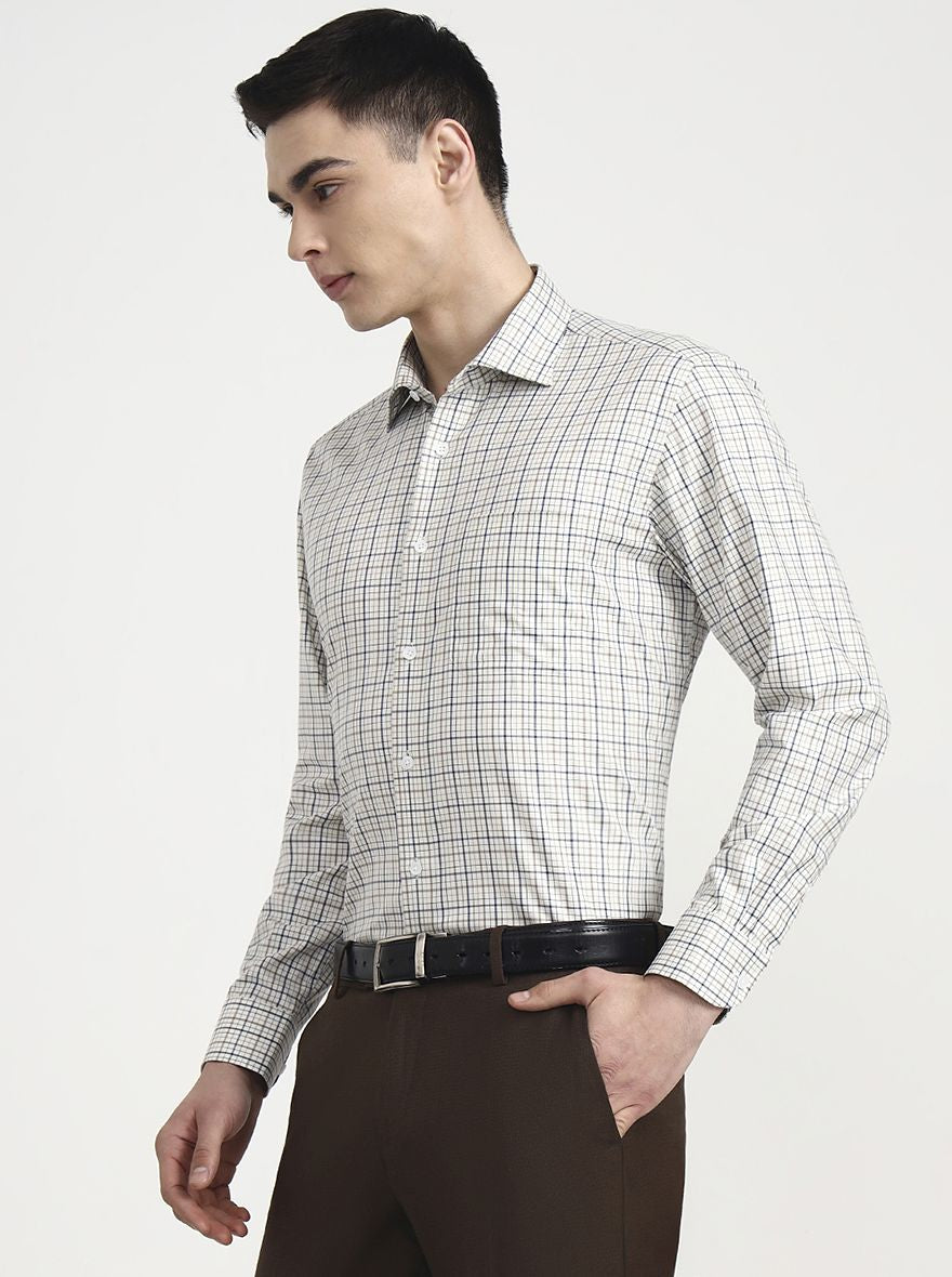 Cream & Blue Checked Slim Fit Formal Shirt | Metal