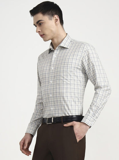 Cream & Blue Checked Slim Fit Formal Shirt | Metal