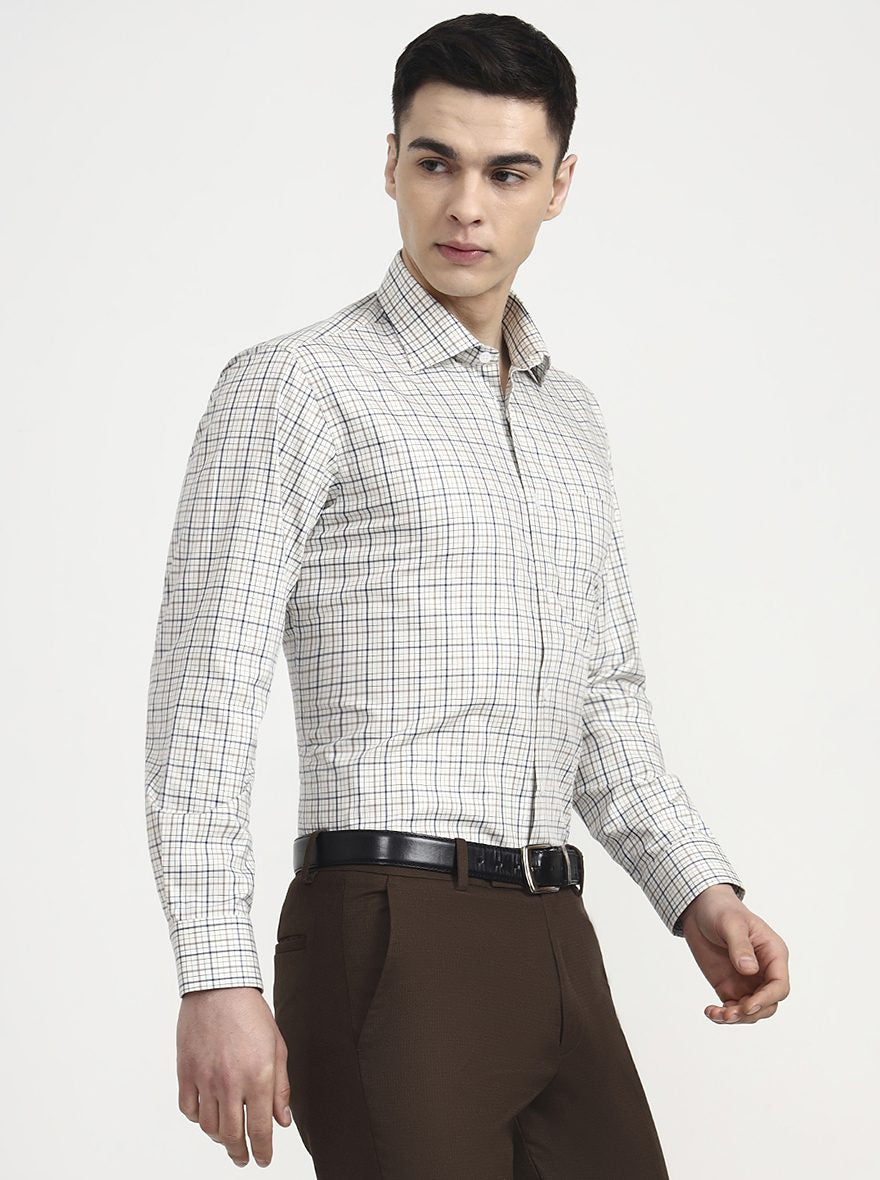 Cream & Blue Checked Slim Fit Formal Shirt | Metal