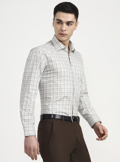 Cream & Blue Checked Slim Fit Formal Shirt | Metal
