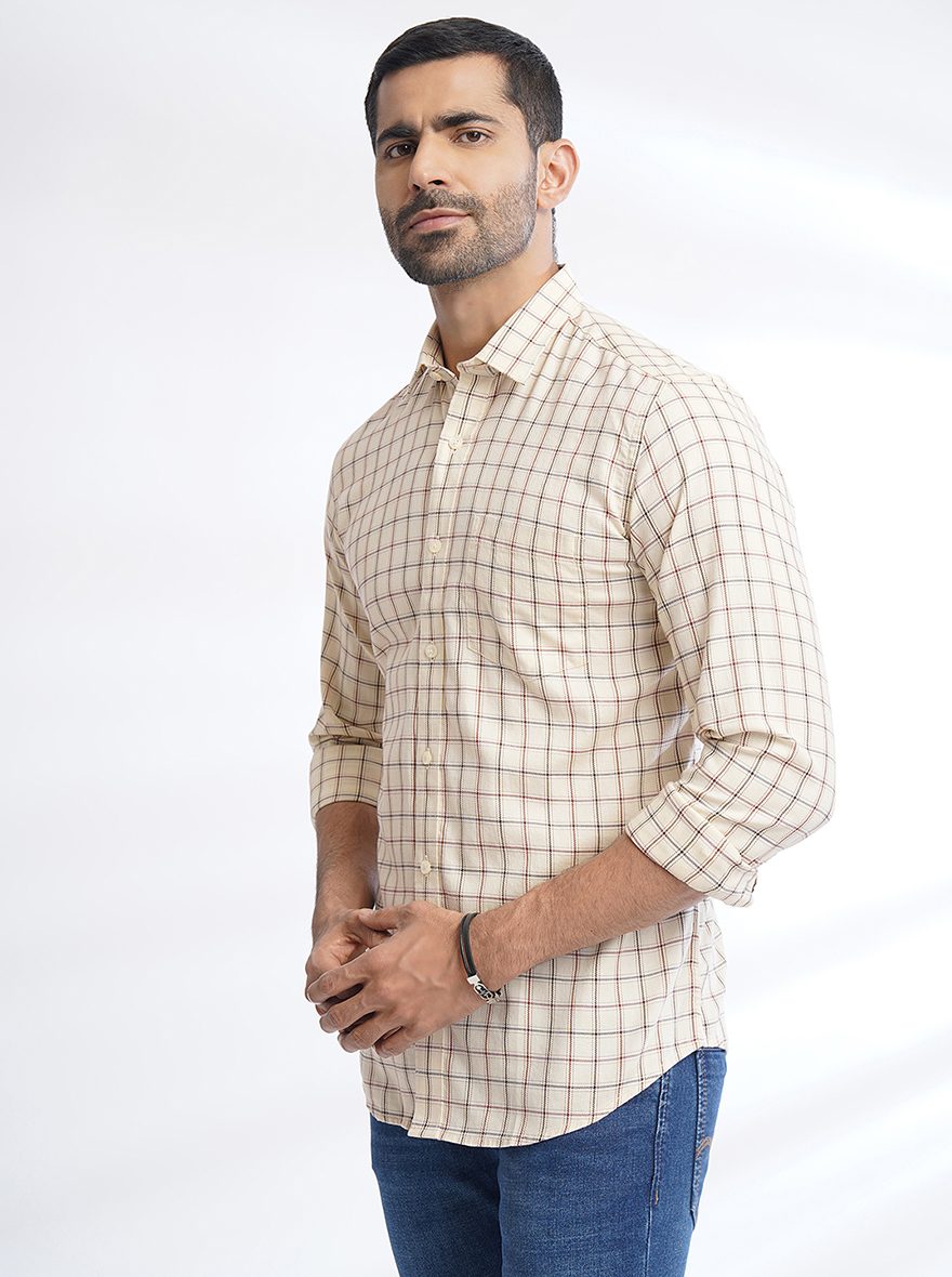 Cream Checked Slim Fit Semi Casual Shirt | JadeBlue