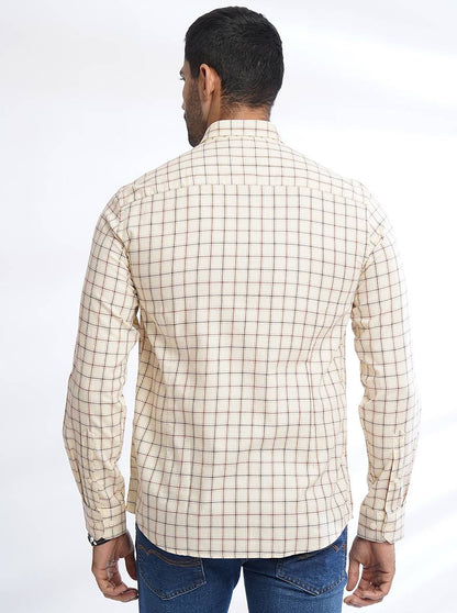 Cream Checked Slim Fit Semi Casual Shirt | JadeBlue