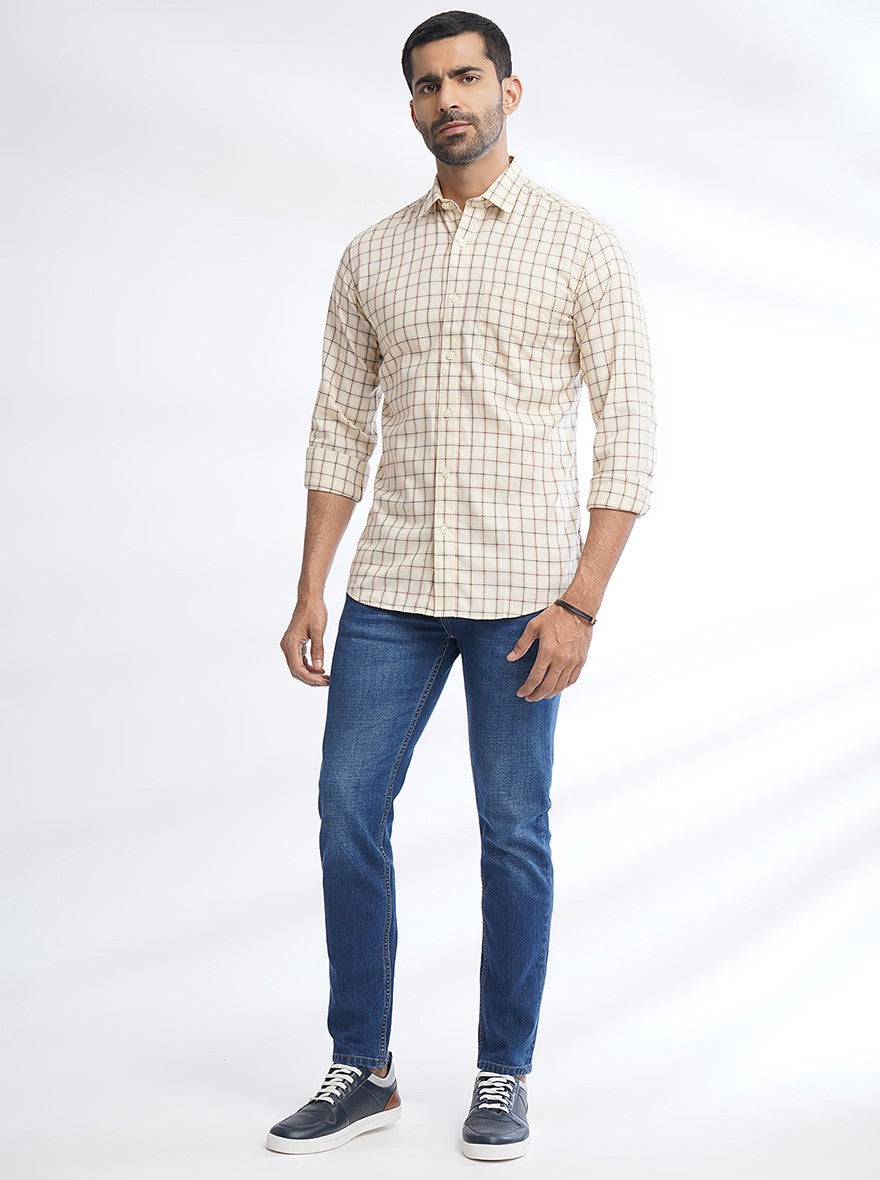 Cream Checked Slim Fit Semi Casual Shirt | JadeBlue