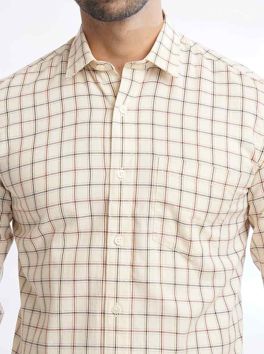 Cream Checked Slim Fit Semi Casual Shirt | JadeBlue