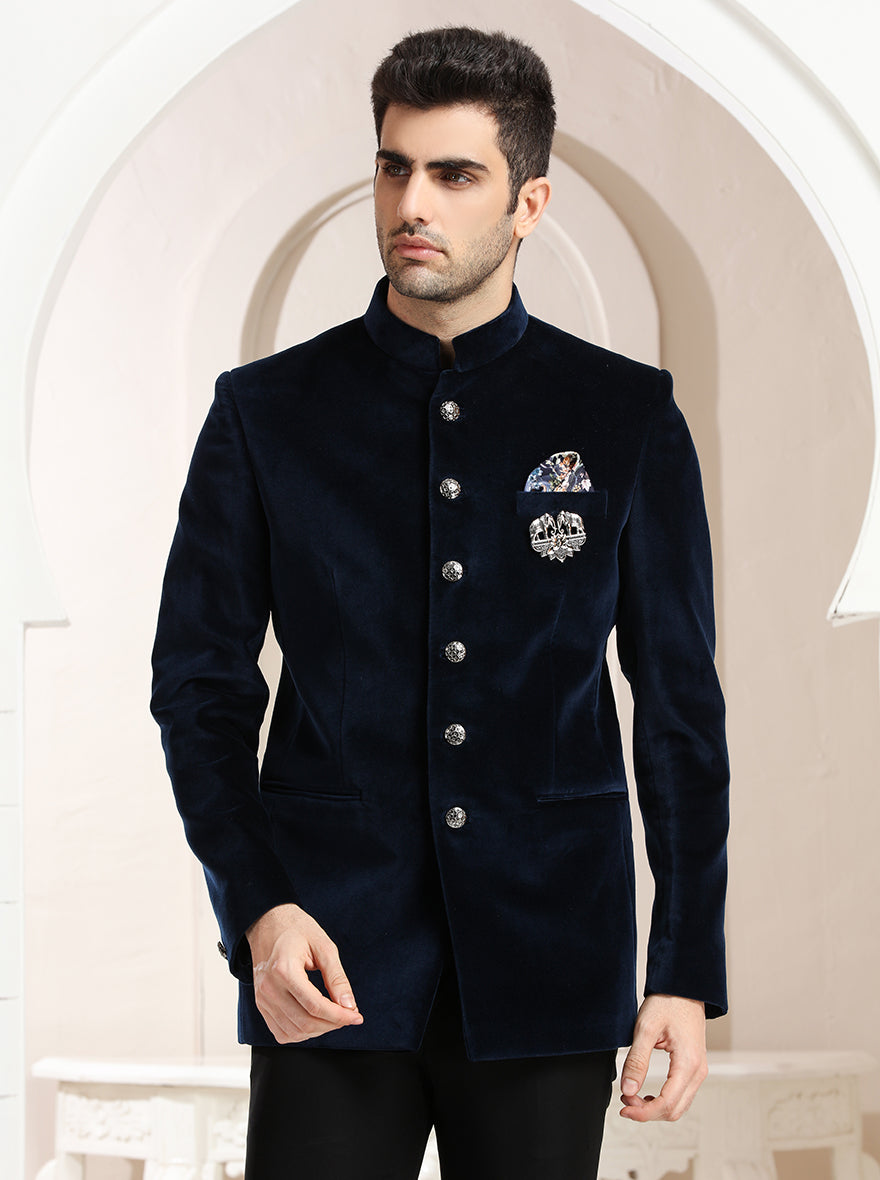 Blue Self Textured Jodhpuri Suit | JadeBlue