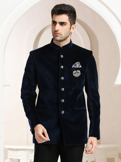 Blue Self Textured Jodhpuri Suit | JadeBlue
