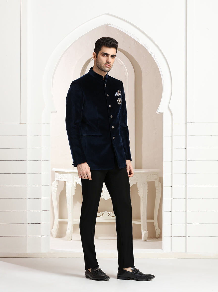 Blue Self Textured Jodhpuri Suit | JadeBlue
