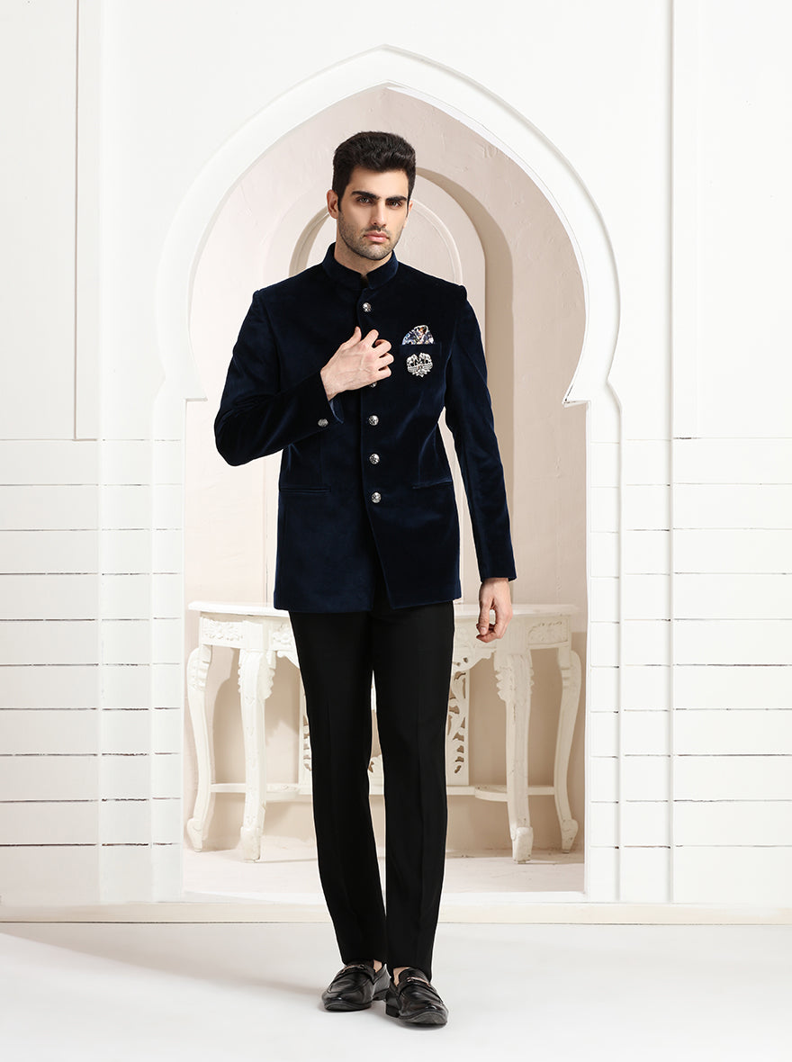 Blue Self Textured Jodhpuri Suit | JadeBlue