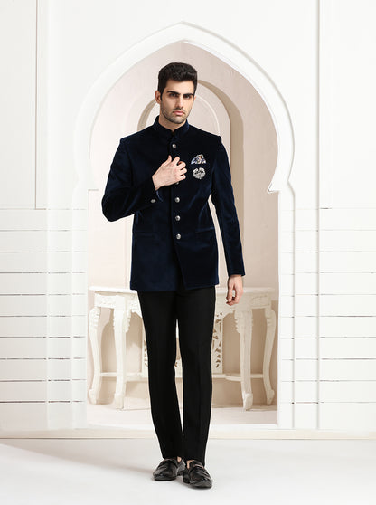 Blue Self Textured Jodhpuri Suit | JadeBlue