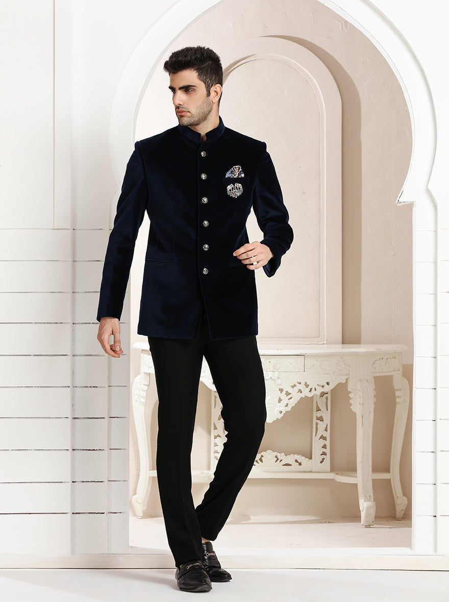 Blue Self Textured Jodhpuri Suit | JadeBlue