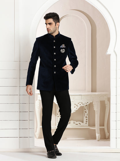 Blue Self Textured Jodhpuri Suit | JadeBlue