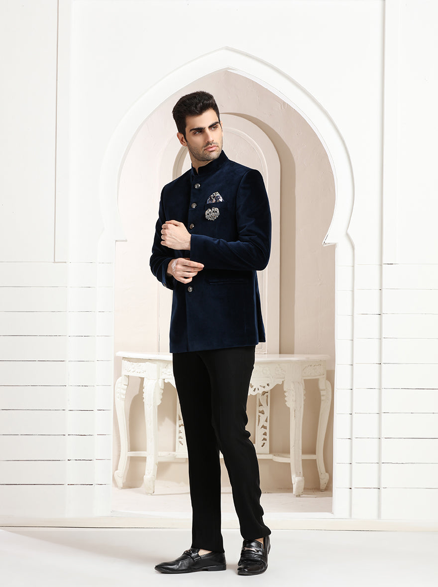 Blue Self Textured Jodhpuri Suit | JadeBlue