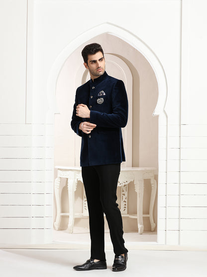 Blue Self Textured Jodhpuri Suit | JadeBlue