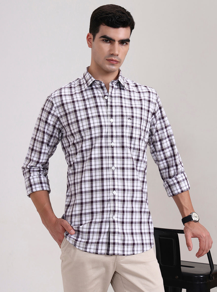 Wine Checked Tailored Fit Semi Casual Shirt | JadeBlue