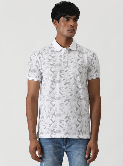 White Printed Slim Fit Polo T-Shirt | Greenfibre