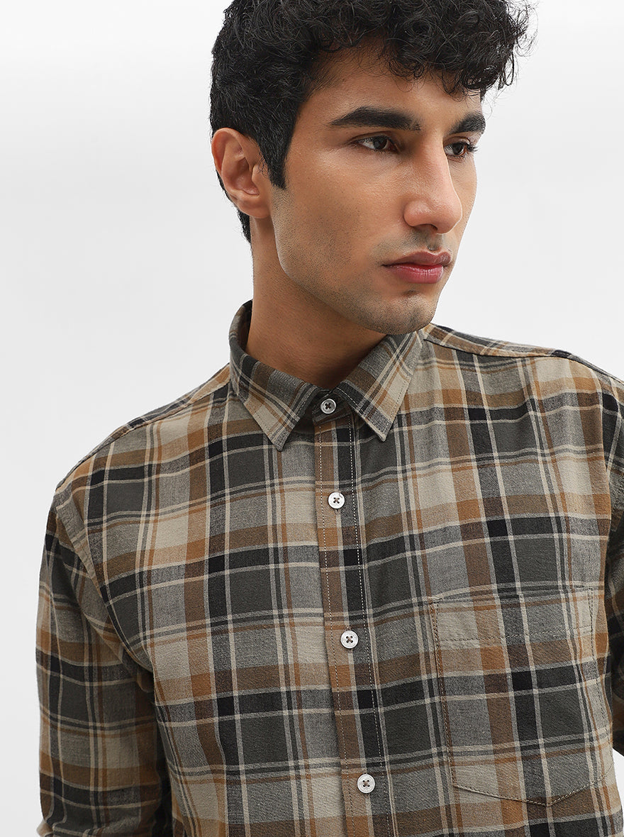 Brown Checked Slim Fit Casual Shirt | Greenfibre