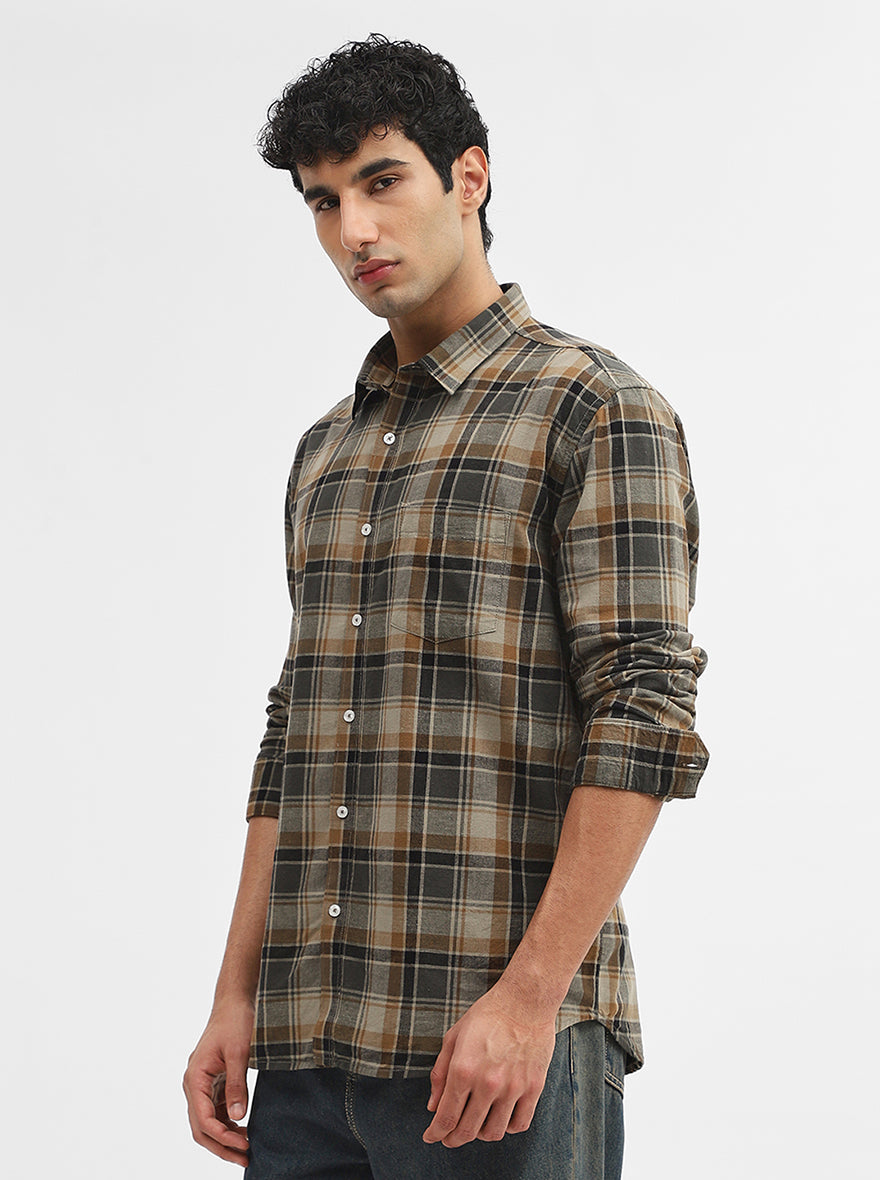 Brown Checked Slim Fit Casual Shirt | Greenfibre