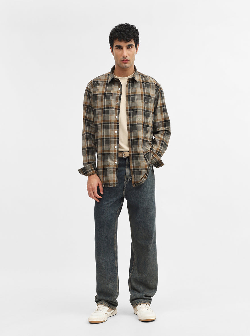 Brown Checked Slim Fit Casual Shirt | Greenfibre