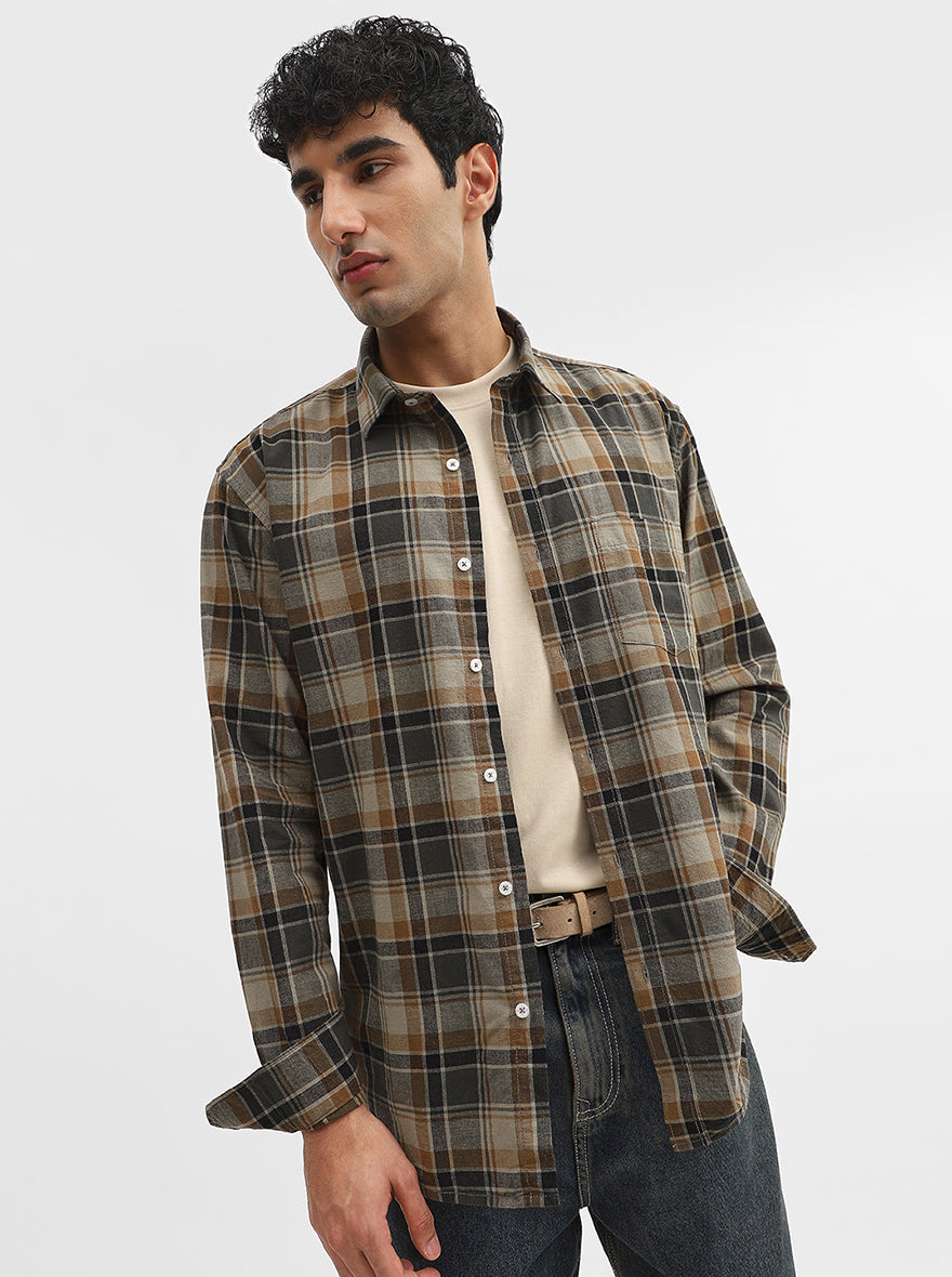Brown Checked Slim Fit Casual Shirt | Greenfibre
