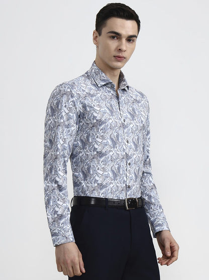 Blue Printed Slim Fit Party Wear Shirt | Wyre