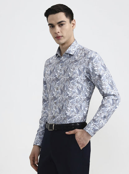Blue Printed Slim Fit Party Wear Shirt | Wyre