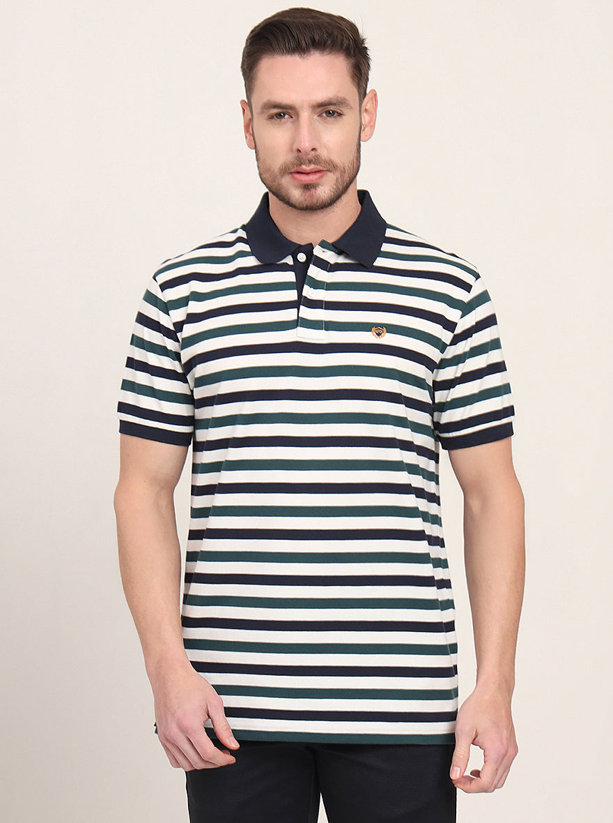 Navy Blue & Green Striped Slim Fit Polo T-Shirt | JadeBlue