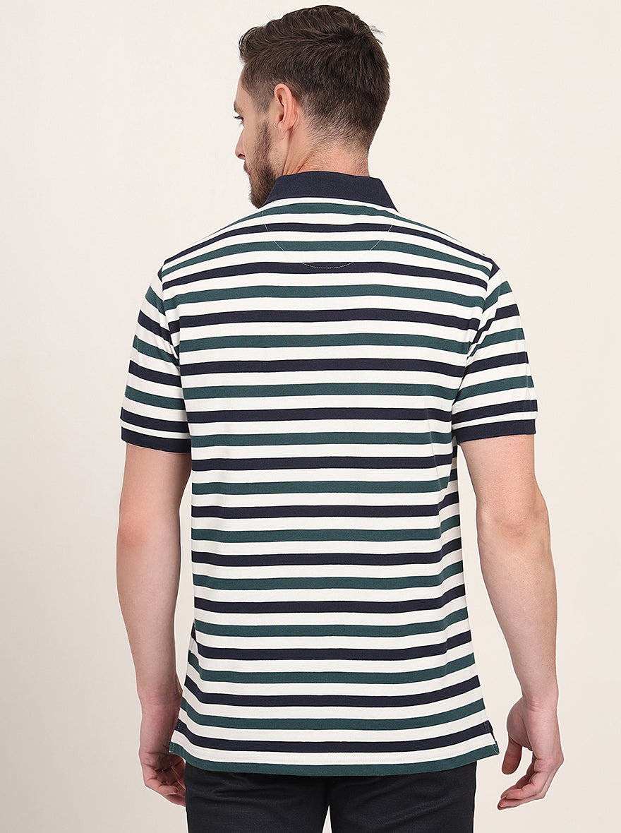 Navy Blue & Green Striped Slim Fit Polo T-Shirt | JadeBlue