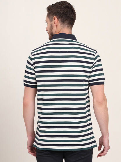 Navy Blue & Green Striped Slim Fit Polo T-Shirt | JadeBlue