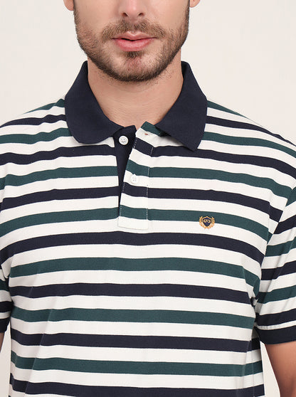 Navy Blue & Green Striped Slim Fit Polo T-Shirt | JadeBlue