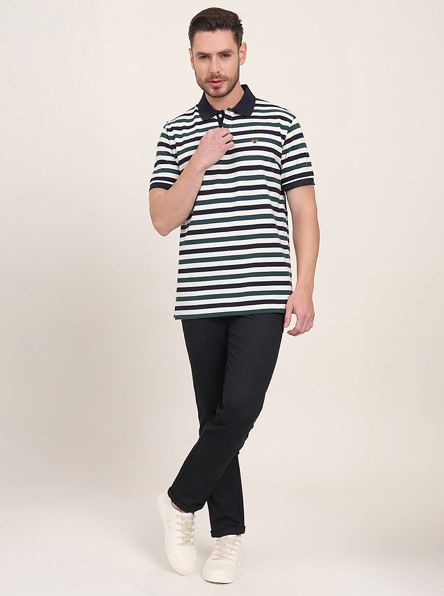 Navy Blue & Green Striped Slim Fit Polo T-Shirt | JadeBlue