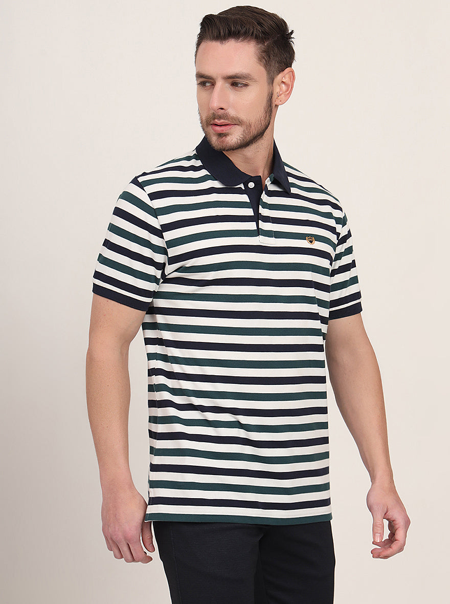 Navy Blue & Green Striped Slim Fit Polo T-Shirt | JadeBlue