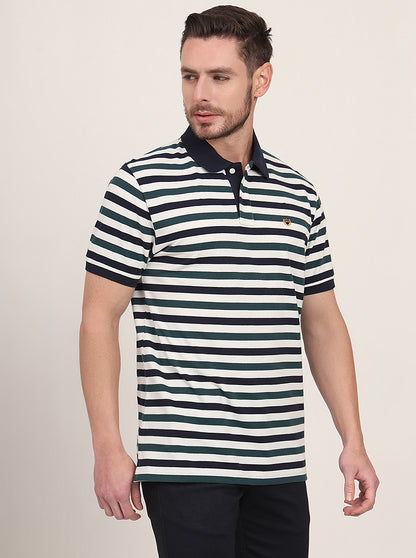 Navy Blue & Green Striped Slim Fit Polo T-Shirt | JadeBlue