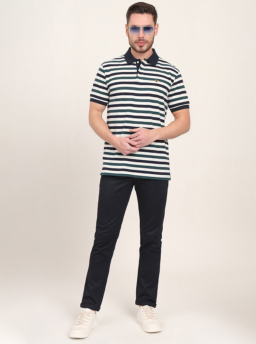 Navy Blue & Green Striped Slim Fit Polo T-Shirt | JadeBlue