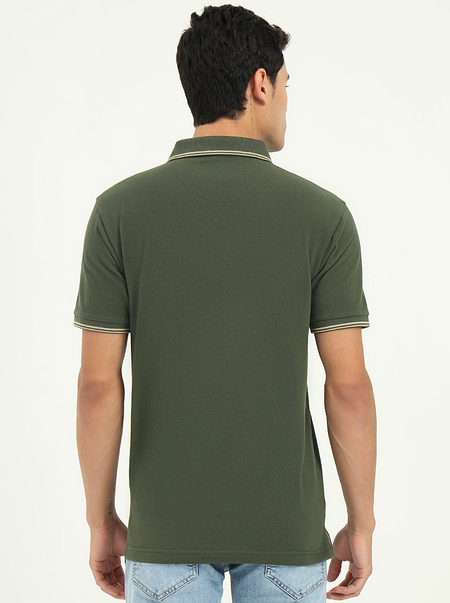 Olive Green Solid Slim Fit Polo T-Shirt | Greenfibre