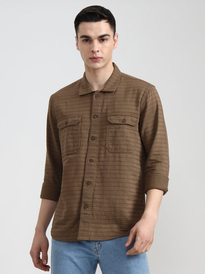 Brown Striped Slim Fit Casual Shirt | JadeBlue