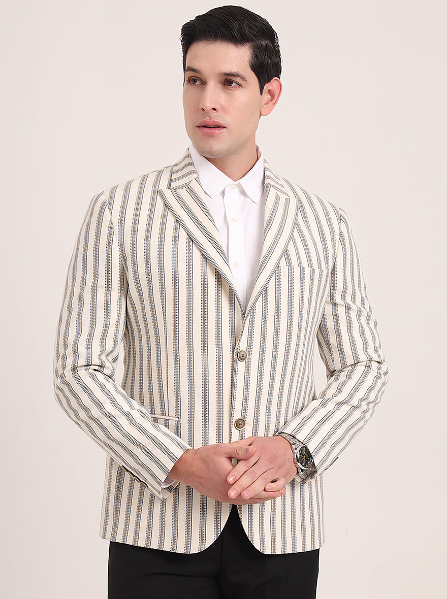 Beige Striped Regular Fit Blazer | JB Studio
