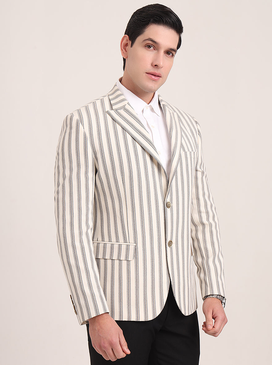 Beige Striped Regular Fit Blazer | JB Studio