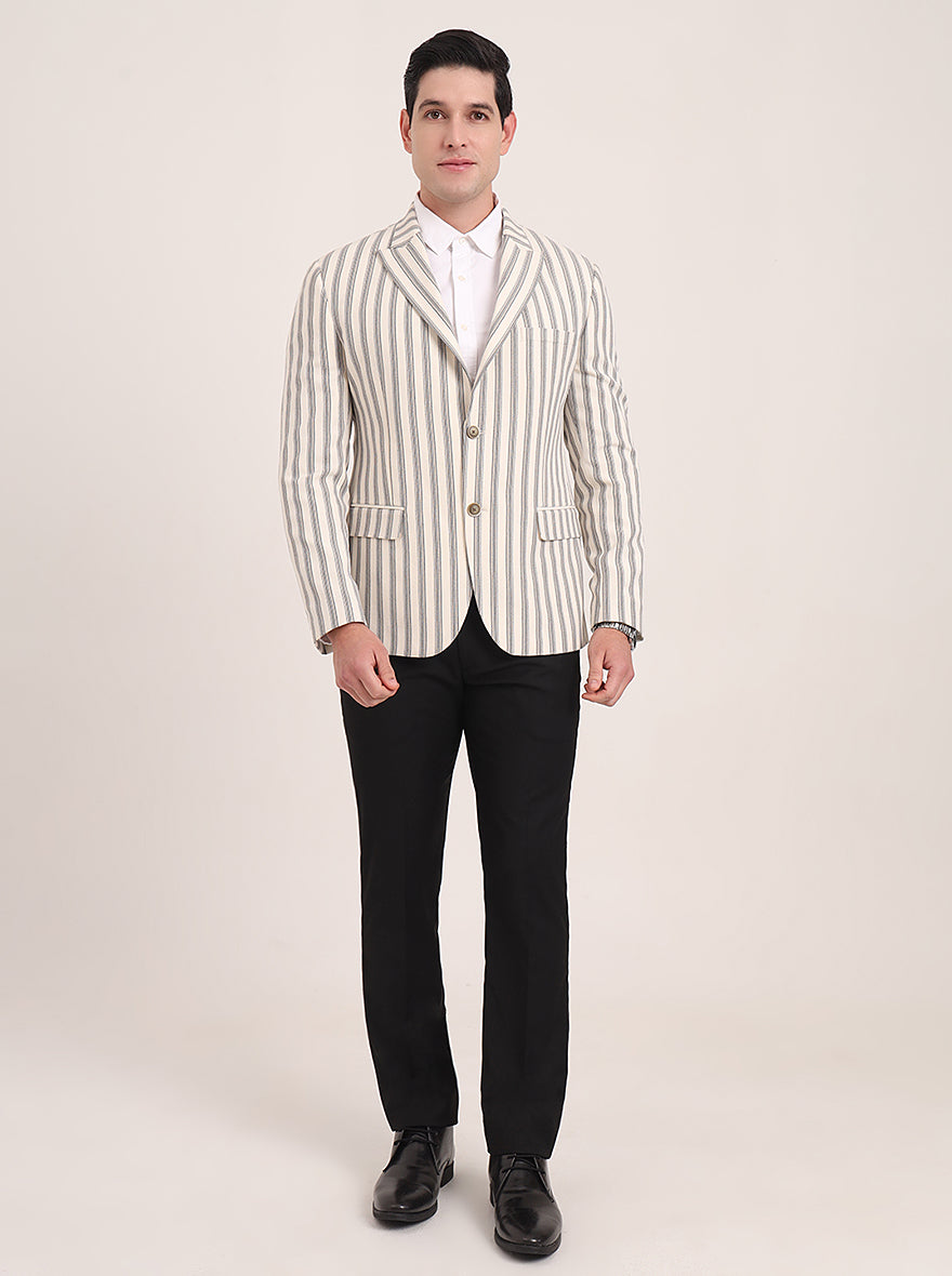 Beige Striped Regular Fit Blazer | JB Studio