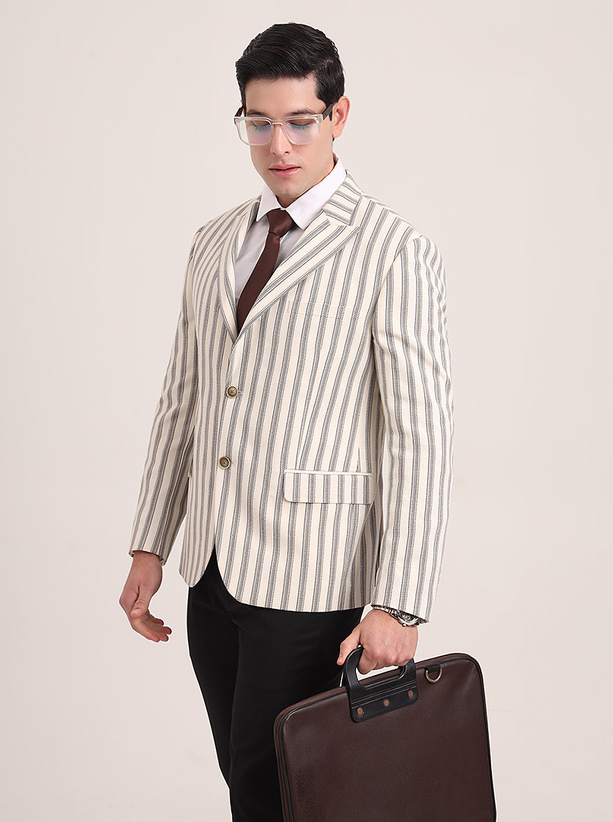 Beige Striped Regular Fit Blazer | JB Studio