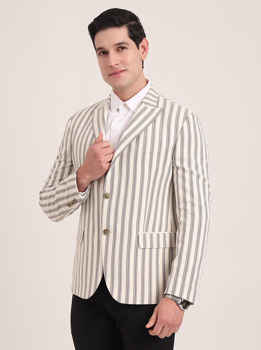 Beige Striped Regular Fit Blazer | JB Studio