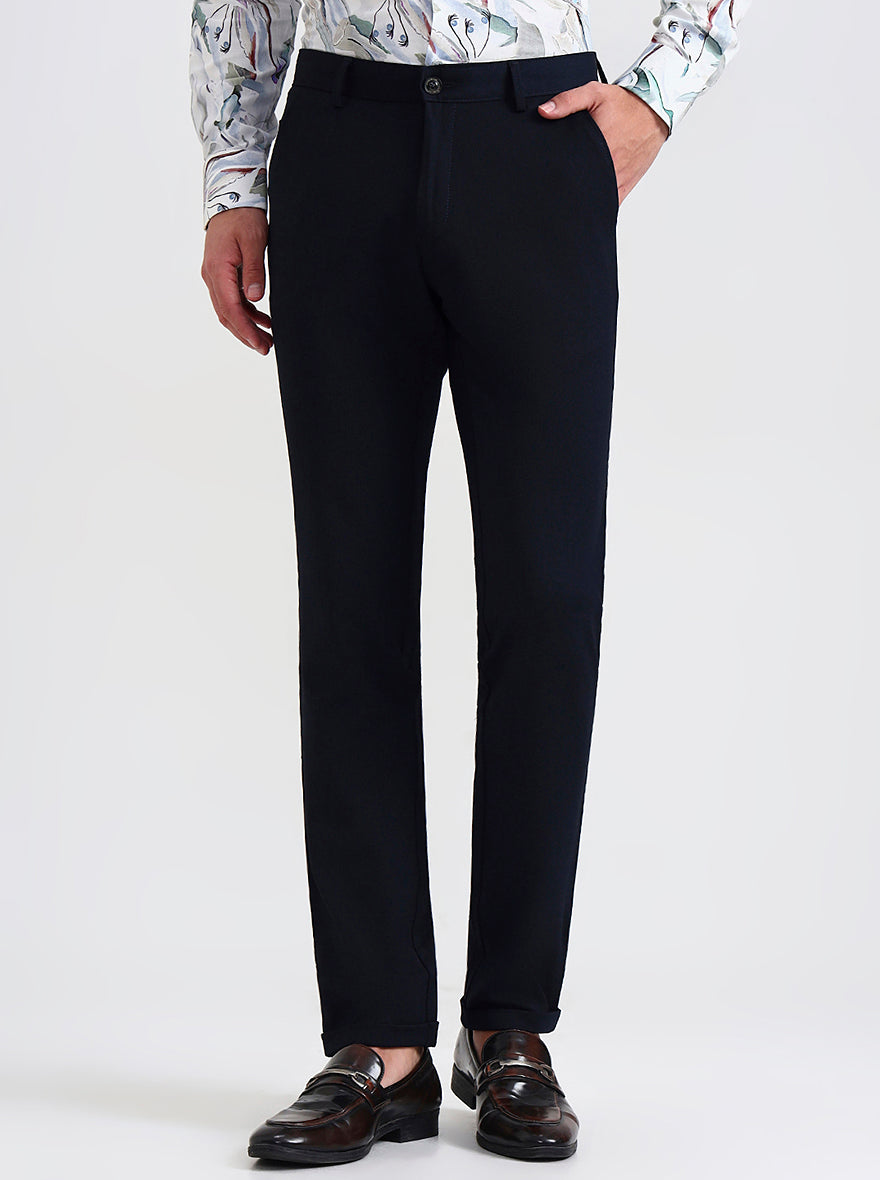 Navy Blue Solid Slim Fit Club Wear Trouser | Wyre