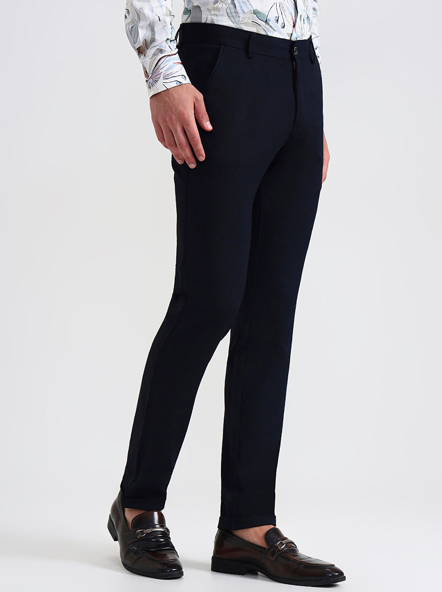 Navy Blue Solid Slim Fit Club Wear Trouser | Wyre