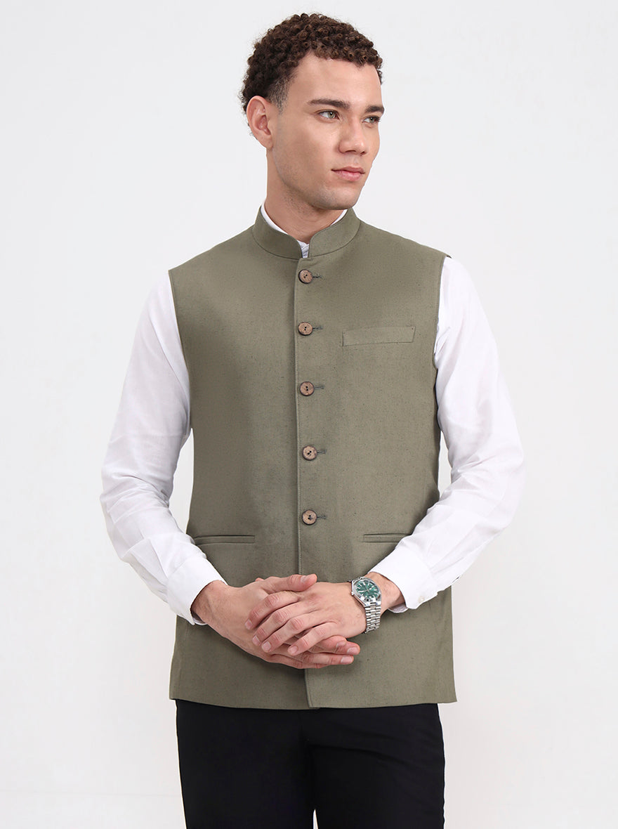 Olive Grey Solid Regular Fit Modi Jacket | JadeBlue