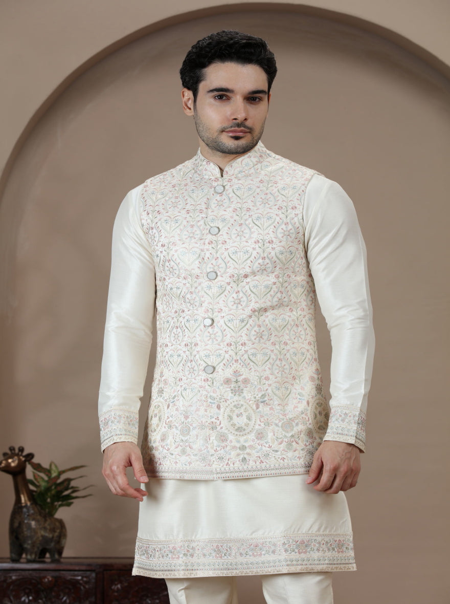 Cream Embroidered Kurta Pajama with Koti | TULA