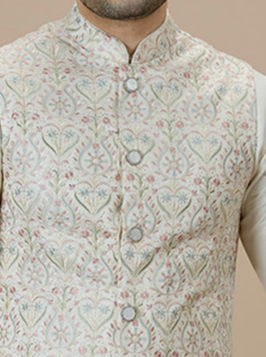 Cream Embroidered Kurta Pajama with Koti | TULA